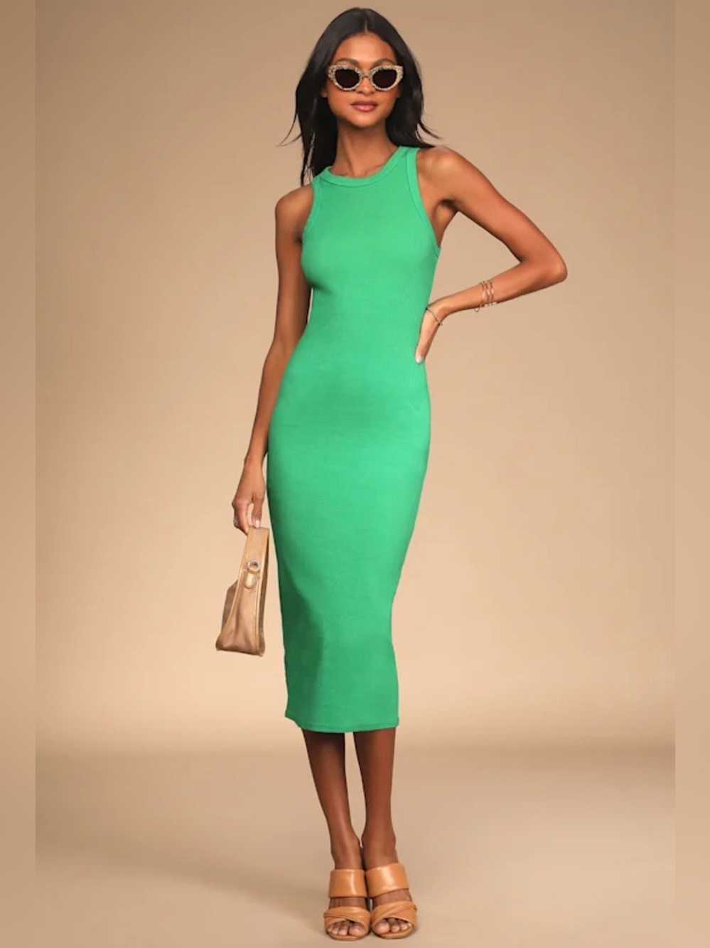 Lulus Majorly Trendy Green Ribbed Bodycon Midi Sleeveless Dress in Size S